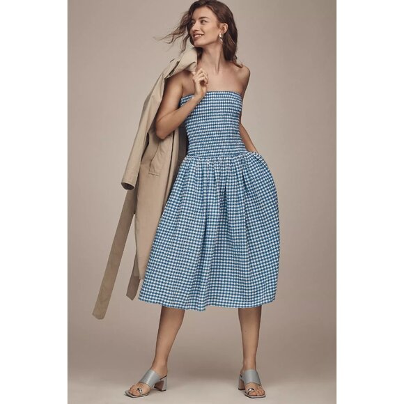 Maeve Strapless Smocked Blue Plaid Gingham Midi Dress L - Picture 1 of 4